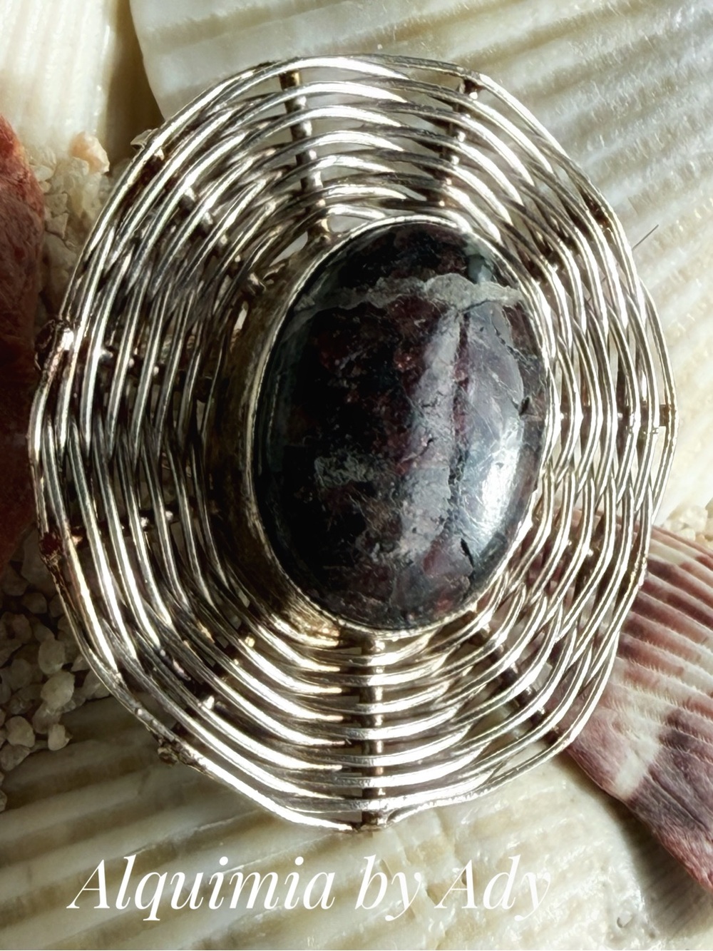 BRUTALIST + 925 Silver woven Ring with Deep Red-Black JASPER  Stone